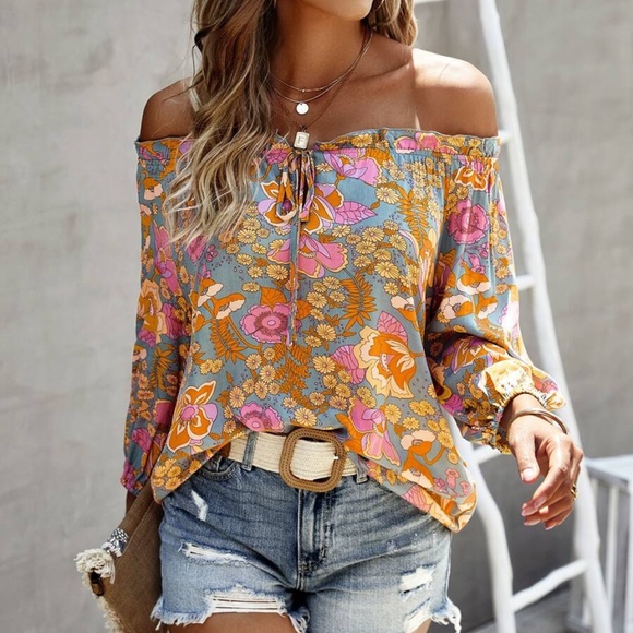 BellanBlue Tops - Boho Floral Print Off Shoulder Blouse